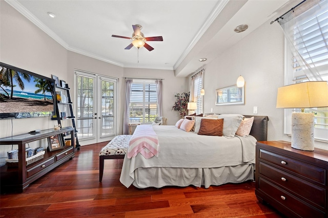 bedroom with access to outside, french doors, crown molding, dark hardwood / wood-style floors, and ceiling fan