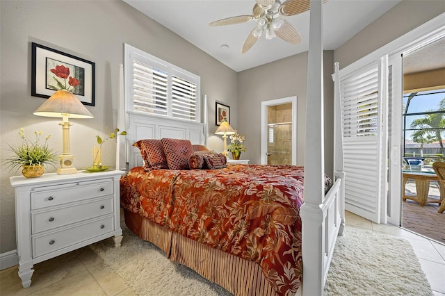 bedroom with ensuite bath, access to exterior, ceiling fan, and light tile floors