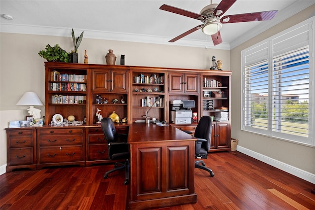 office space with ornamental molding, dark wood-type flooring, and ceiling fan