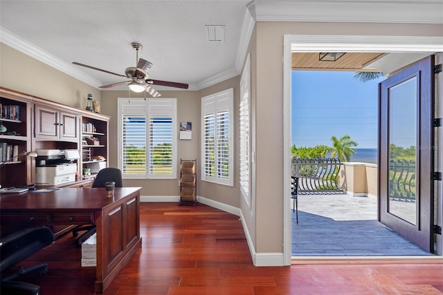 office featuring ornamental molding, ceiling fan, and dark hardwood / wood-style floors