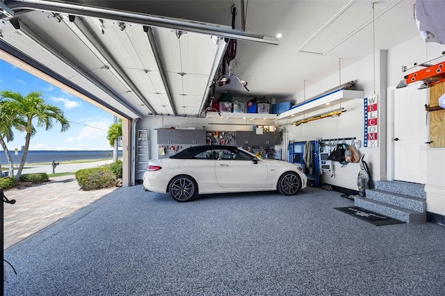 garage with a water view