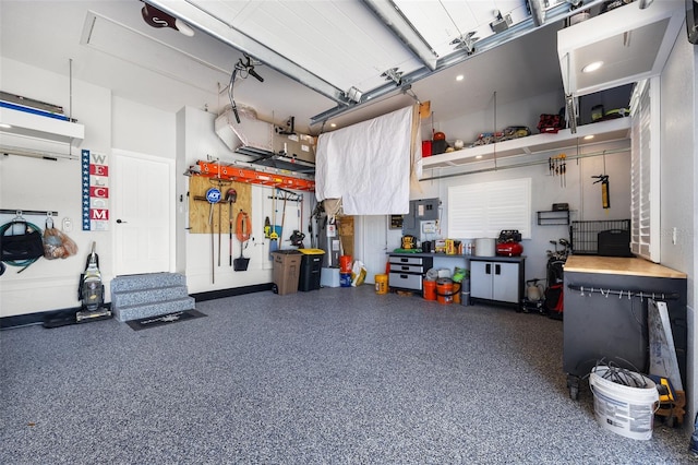 garage with a workshop area