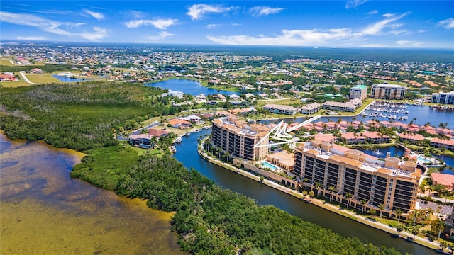 bird's eye view with a water view