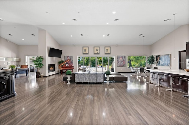 living room with high vaulted ceiling and wood-type flooring