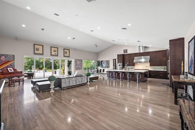 living room with sink, high vaulted ceiling, and hardwood / wood-style flooring