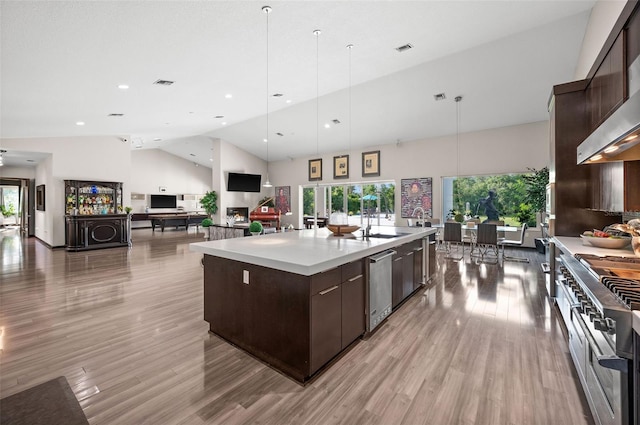 kitchen with pendant lighting, a kitchen island with sink, high vaulted ceiling, light hardwood / wood-style flooring, and appliances with stainless steel finishes