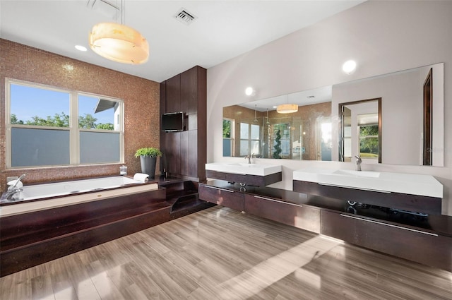 bathroom featuring a tub, dual vanity, and plenty of natural light