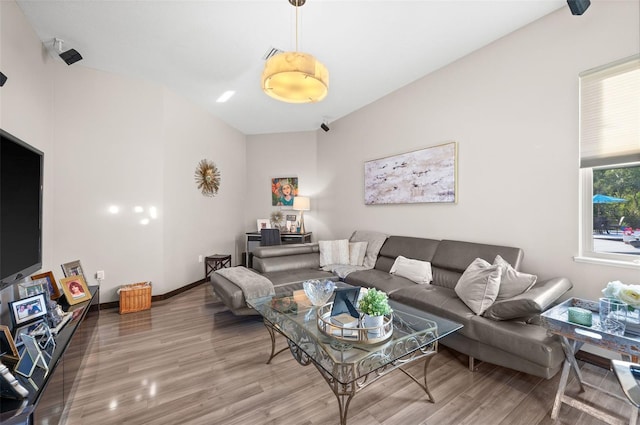 living room with wood-type flooring and vaulted ceiling