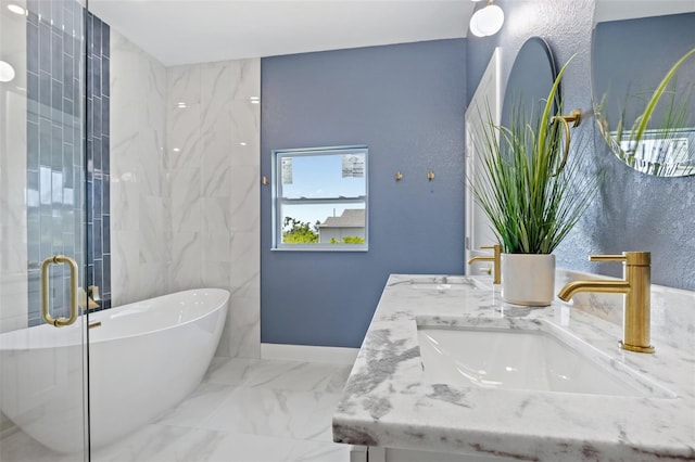 bathroom featuring plus walk in shower and vanity