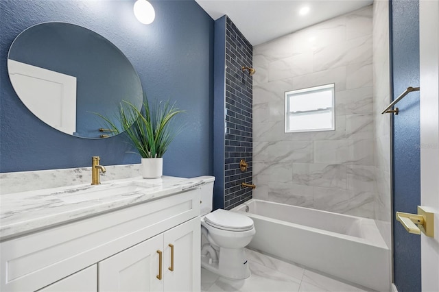 full bathroom with tiled shower / bath combo, toilet, and vanity