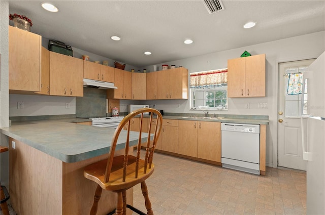 kitchen with light brown cabinetry, sink, kitchen peninsula, and dishwasher