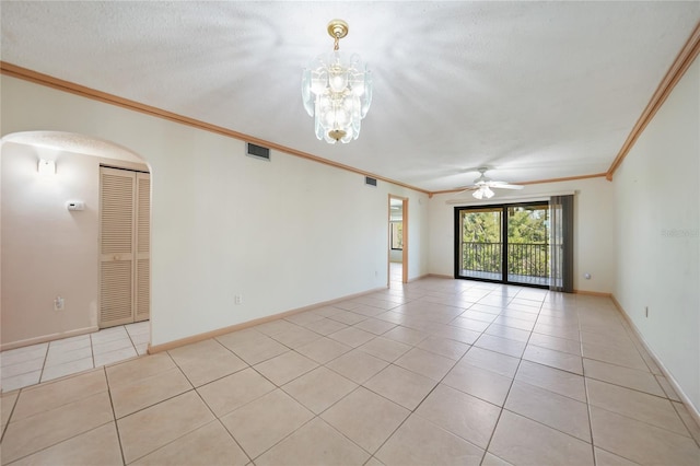 tiled empty room with ceiling fan with notable chandelier, crown molding, and a textured ceiling