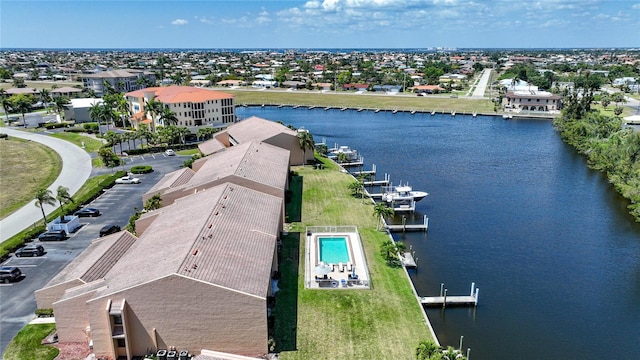 drone / aerial view featuring a water view