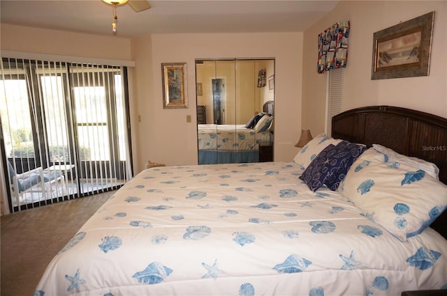 bedroom featuring a closet, ceiling fan, carpet flooring, and access to exterior