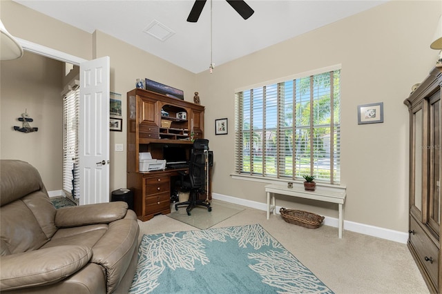 office featuring ceiling fan and light colored carpet