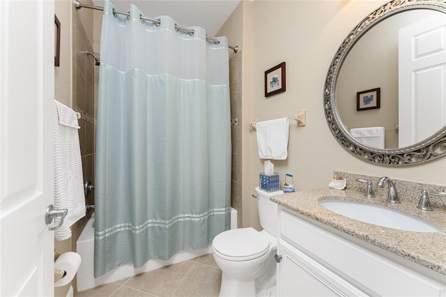 full bathroom with vanity, toilet, tile patterned floors, and shower / bathtub combination with curtain