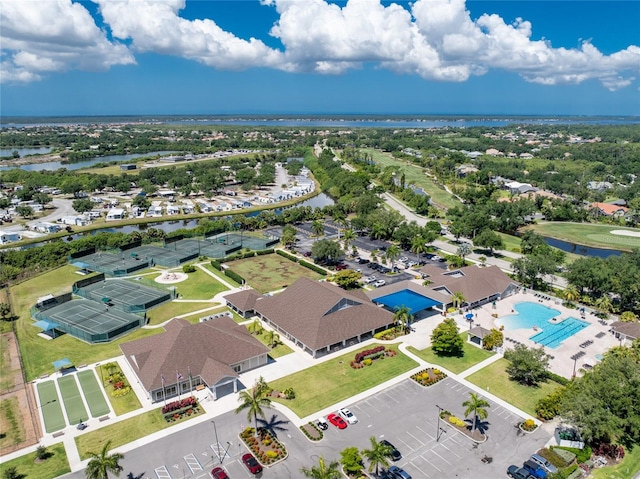 bird's eye view with a water view