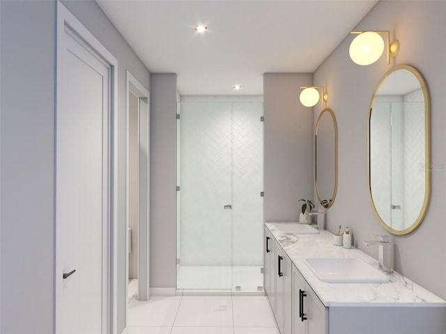 bathroom featuring tile flooring, walk in shower, and dual vanity