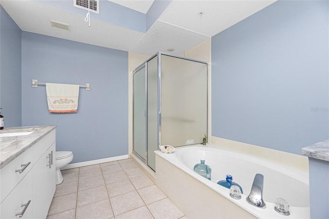 full bathroom featuring independent shower and bath, vanity, tile floors, and toilet