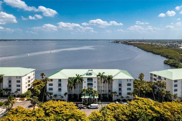 aerial view featuring a water view