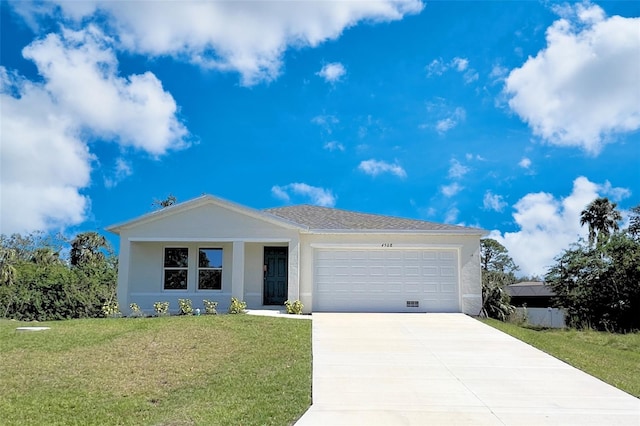 ranch-style house featuring a front lawn, an attached garage, driveway, and stucco siding