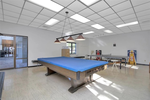 game room with pool table and a drop ceiling