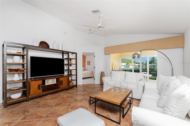 living room featuring vaulted ceiling and ceiling fan