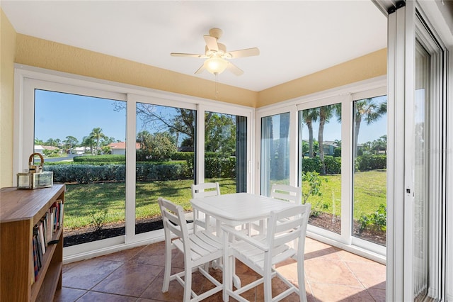 sunroom featuring ceiling fan