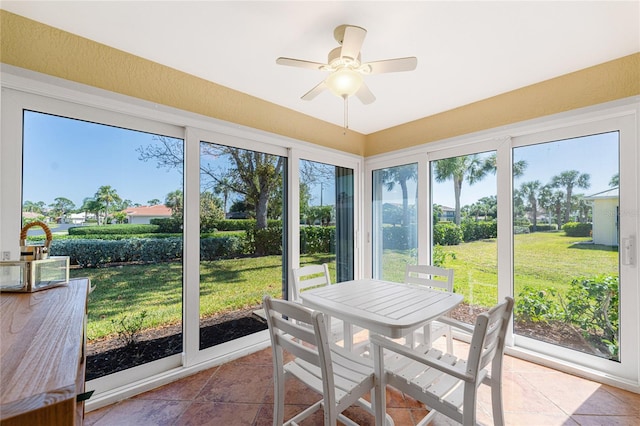 sunroom / solarium featuring ceiling fan and a healthy amount of sunlight