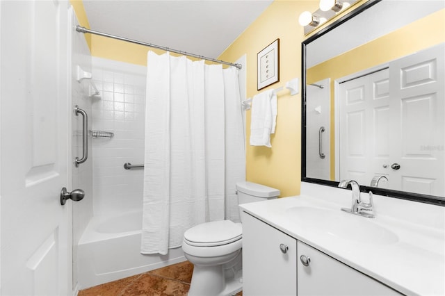 full bathroom with tile patterned flooring, vanity, shower / tub combo with curtain, and toilet