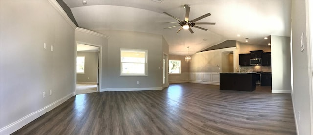 unfurnished living room with dark hardwood / wood-style flooring, ceiling fan, and lofted ceiling