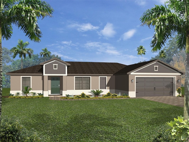 ranch-style home featuring a garage and a front lawn