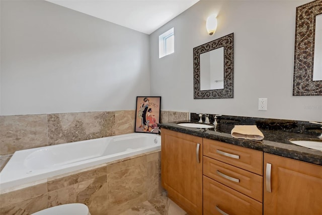 bathroom featuring tile flooring, tiled bath, and dual bowl vanity