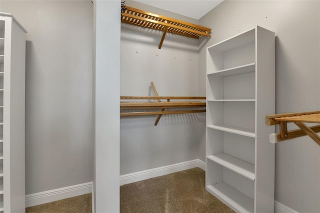 walk in closet featuring dark colored carpet