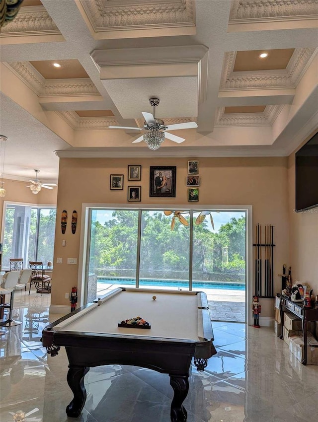 rec room featuring tile patterned flooring, coffered ceiling, crown molding, ceiling fan, and billiards