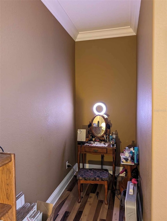 office space with ornamental molding and wood-type flooring