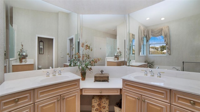 bathroom featuring a washtub and dual vanity