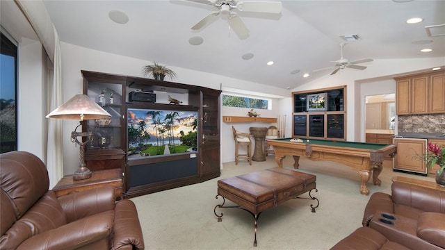 carpeted living room with vaulted ceiling, ceiling fan, and billiards