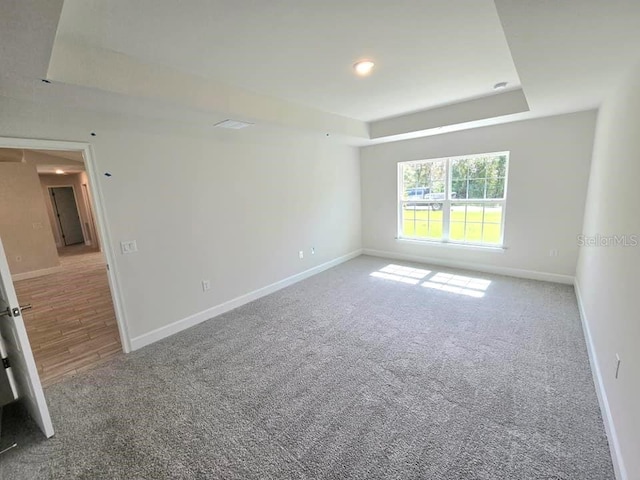 carpeted spare room featuring a tray ceiling