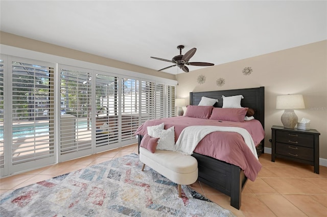 bedroom with ceiling fan, access to outside, and light tile floors