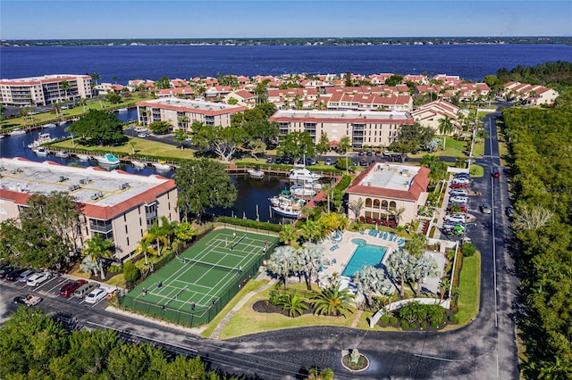 drone / aerial view featuring a water view