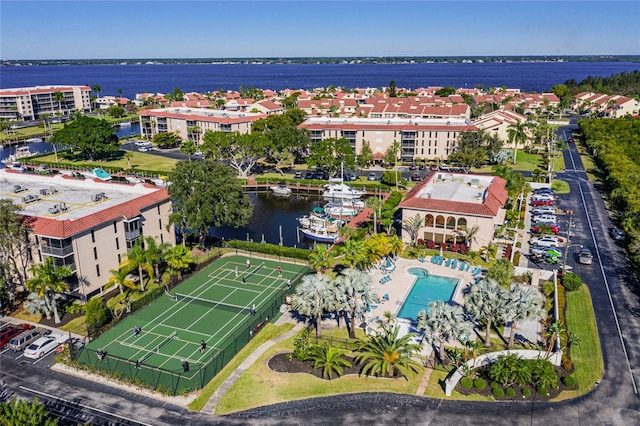 aerial view featuring a water view