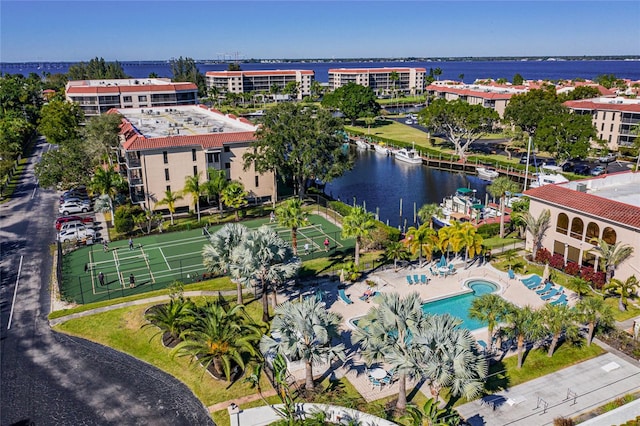 drone / aerial view featuring a water view