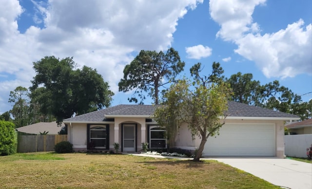 single story home featuring a front yard and a garage