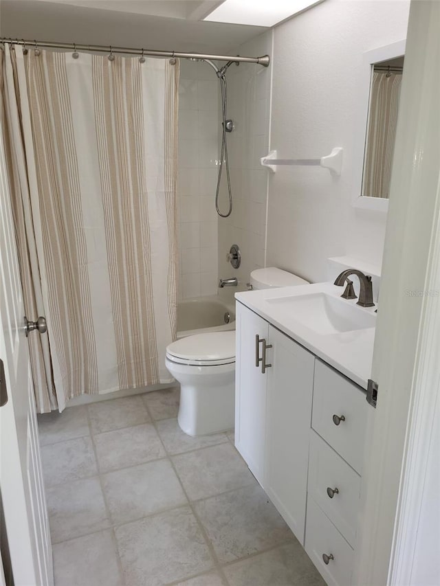 full bathroom with shower / tub combo with curtain, vanity, toilet, and tile flooring