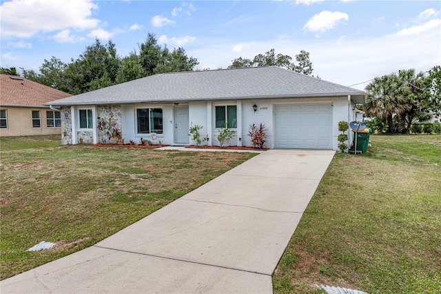 single story home featuring a front yard and a garage