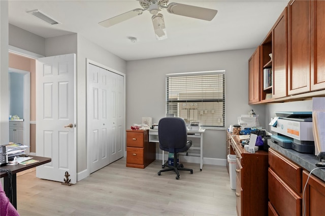 office area featuring ceiling fan and light wood-type flooring