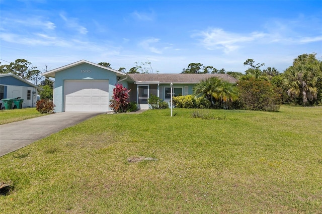 ranch-style home with a garage, concrete driveway, a front yard, and stucco siding