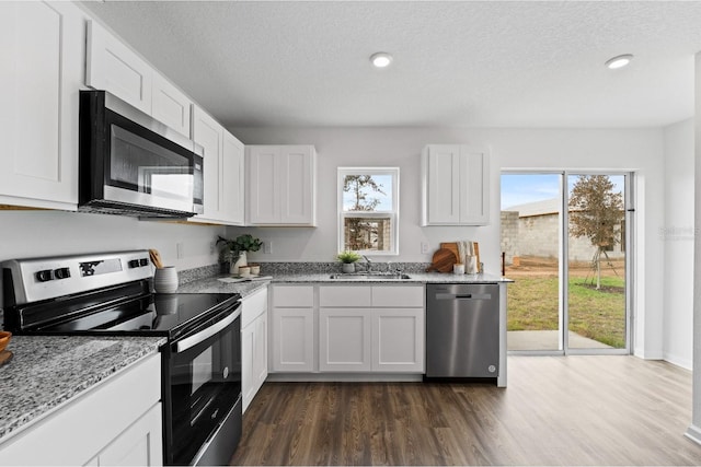 kitchen with stainless steel appliances, white cabinetry, dark hardwood / wood-style floors, and plenty of natural light