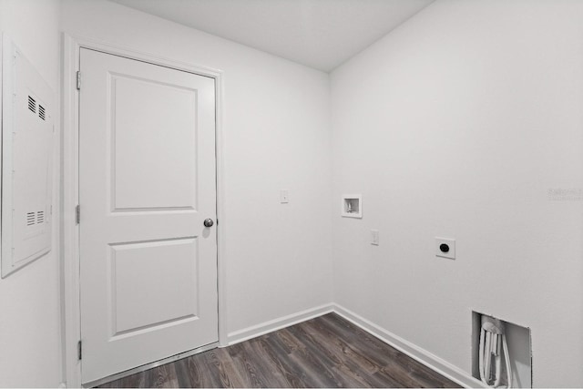 washroom featuring washer hookup, electric dryer hookup, and dark wood-type flooring